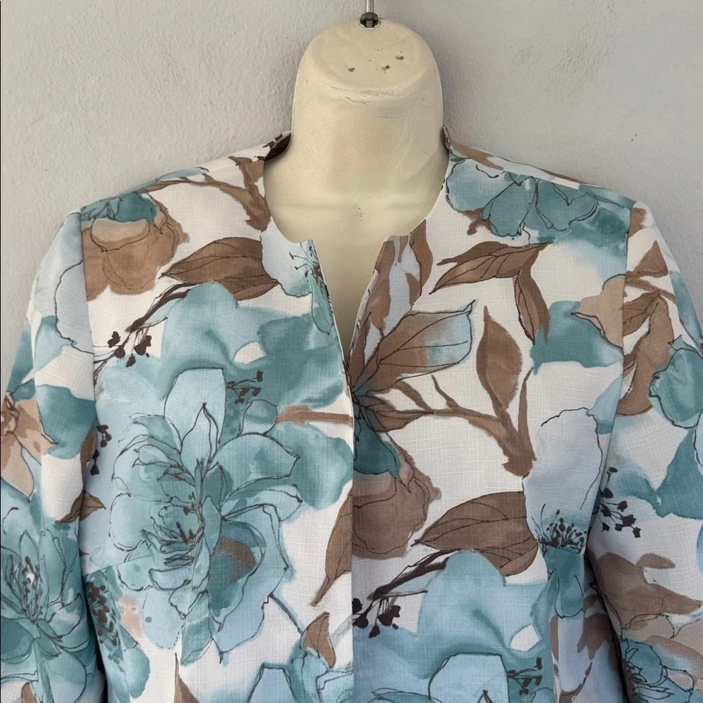 Vintage Alfred Dunner blue tan floral print drape style blazer jacket size 8